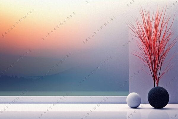 Minimalist digital art of a sunset with red branches in round vases.