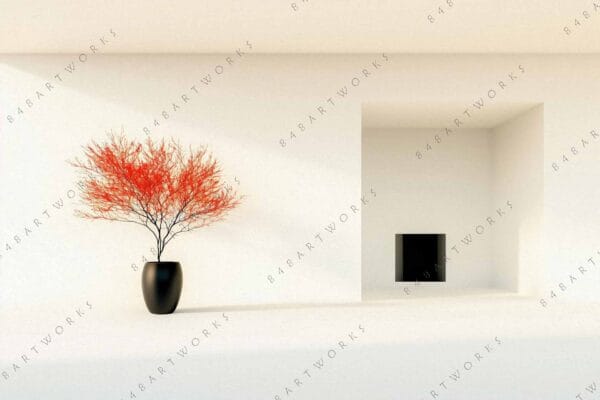 Minimalist digital art of red-leaved plant in black vase against white backdrop.