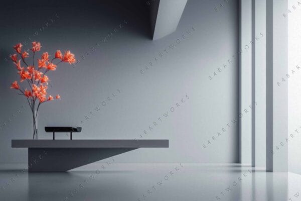 Minimalist digital art of orange flowers in a gray, shadowed room.