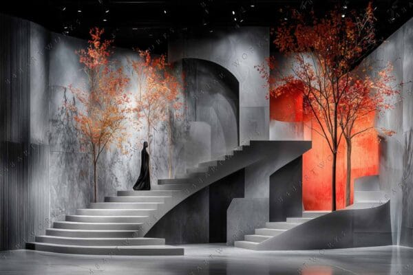 "Surreal digital art of stairs and autumn trees against gray and red-toned walls."