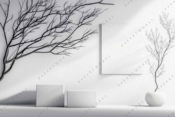 "Minimalist photo of dried branches and geometric shapes against a white wall."