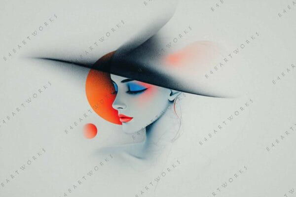 "Surreal digital art of a woman in profile with red-orange and blue accents."