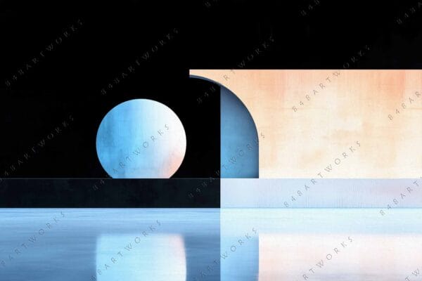 Minimalist digital art with geometric shapes in blue, white, and peach tones.