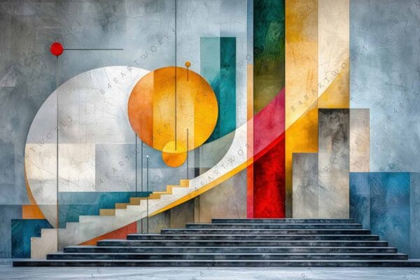 "Abstract digital art with geometric shapes in blue, yellow, and red tones."
