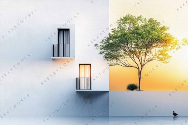 Minimalist digital artwork of a tree by a building at sunset, soft pastel hues.