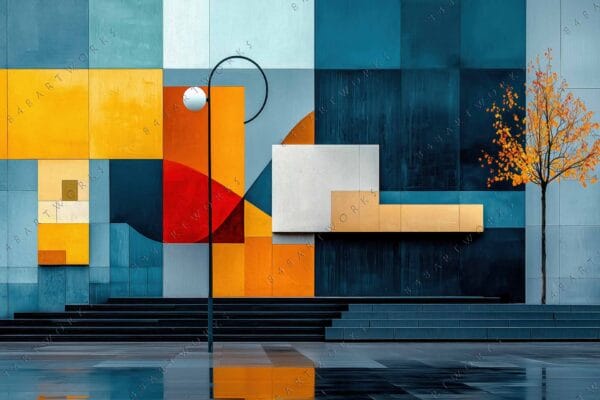 "Abstract digital art with geometric shapes and autumn tree in orange and blue tones."