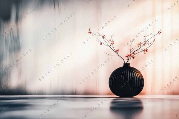 "Digital artwork of black vase with red flowers, blurred background in soft hues."