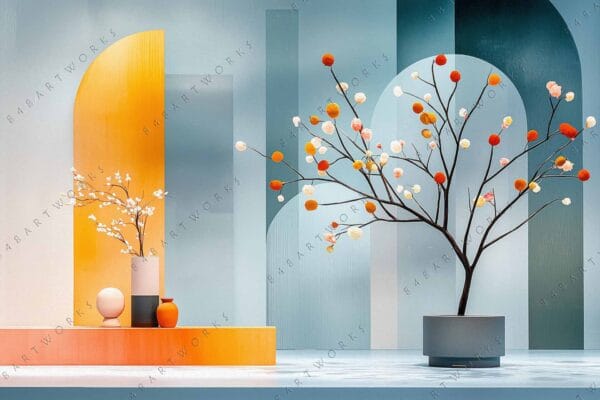 "Digital art of abstract floral arrangements in blue and orange geometric setting."