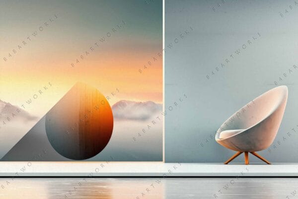 "Modern art scene with geometric shapes, muted sunset colors, and a contemporary chair."