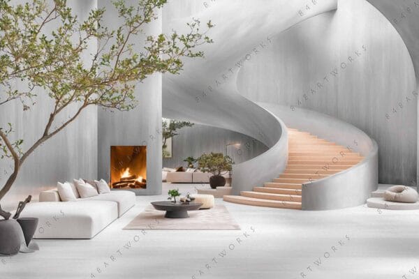 Minimalist interior with spiral staircase, neutral tones, and a lit fireplace.