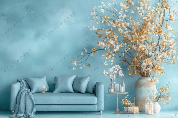 "Digital art of an elegant teal sofa with white flowers in a large vase."