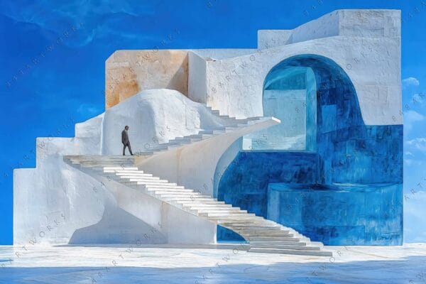 "Surreal digital painting of a man on stairs, white and blue geometric architecture."