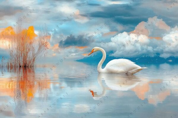 Digital painting of a white swan on still water, surrounded by colorful clouds.