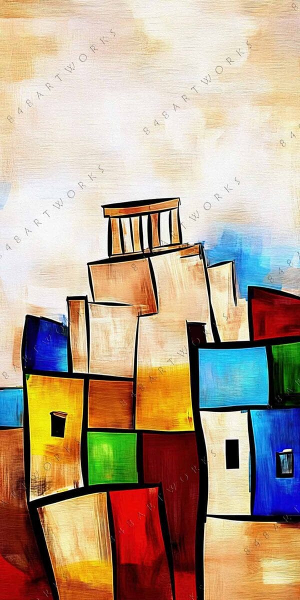 "Colorful abstract painting with geometric buildings in red, blue, yellow, and green tones."