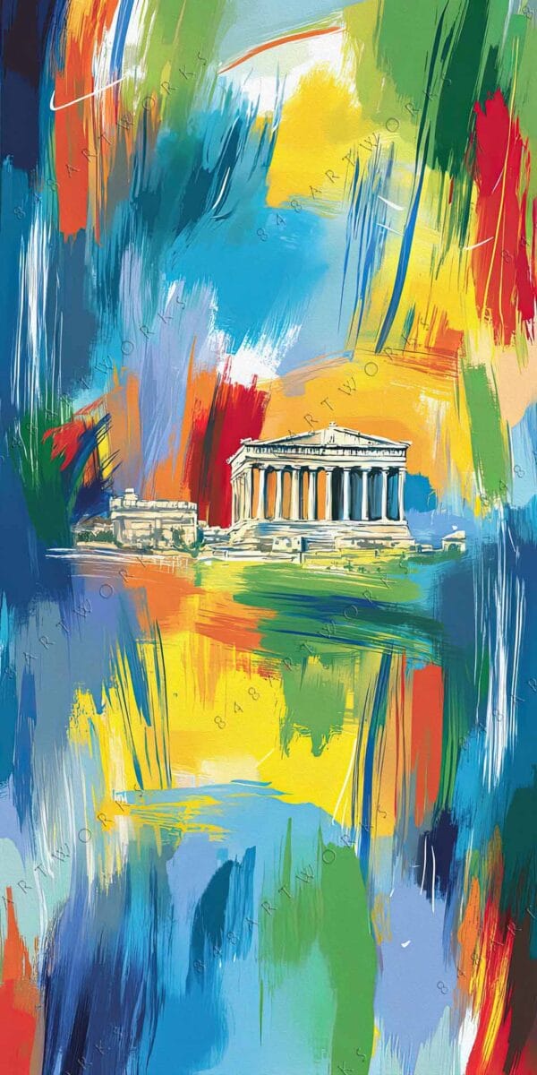 "Abstract digital painting with colorful brushstrokes surrounding a classical Greek temple."