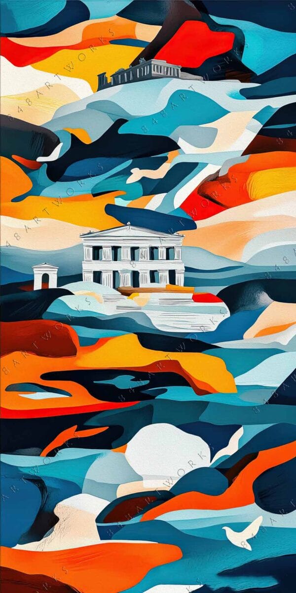 "Abstract digital art of Grecian ruins amidst vibrant swirls of orange, blue, and red."