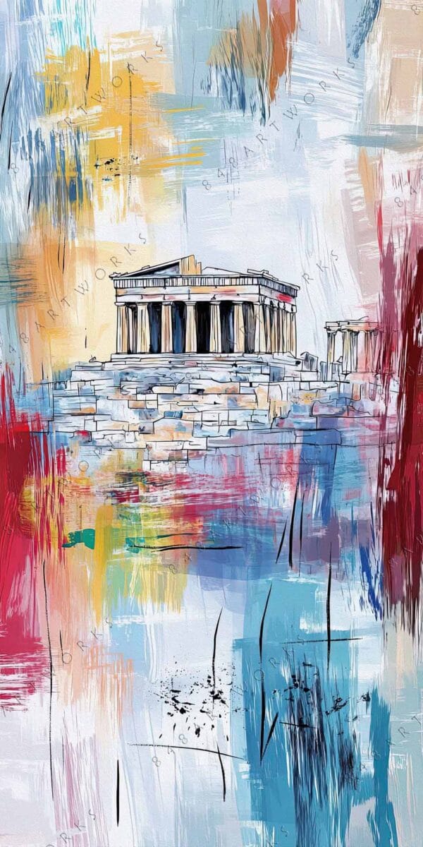 "Abstract digital painting of ancient architecture with vibrant splashes of blue, red, and yellow."