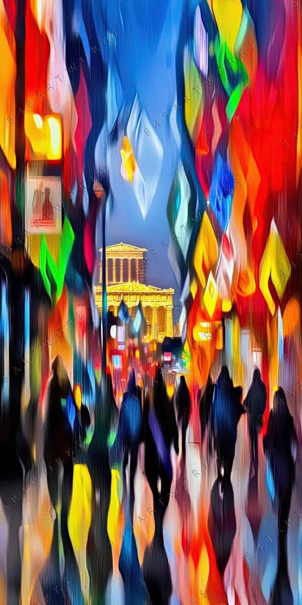 Abstract digital painting of a cityscape in vibrant colors with blurred silhouettes.