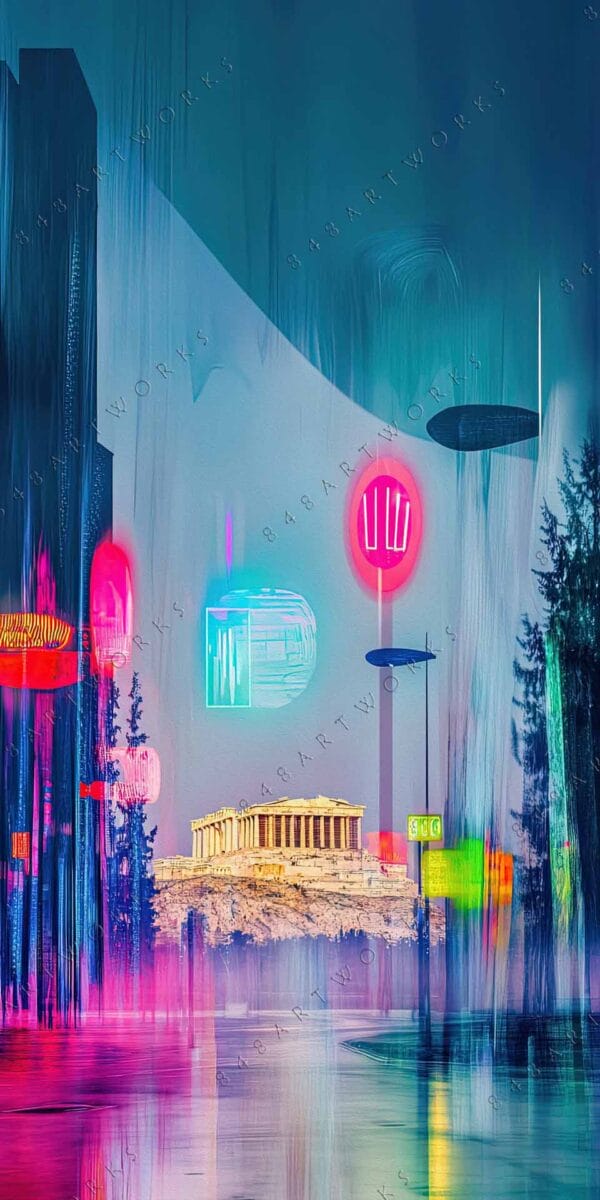 "Digital painting of neon-lit cityscape with the Parthenon in vivid pink and blue hues."