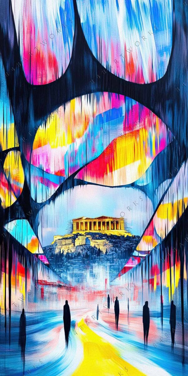 Abstract digital painting of silhouettes with Acropolis backdrop in vibrant blues and pinks.