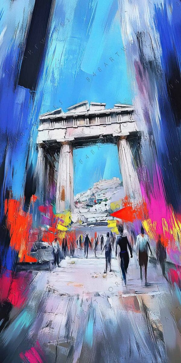 "Impressionist digital painting of ancient columns and people, with vivid blue and orange brushstrokes."