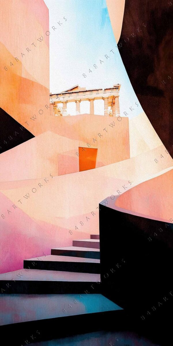 "Digital painting of abstract architecture in warm pink and orange with blue sky."