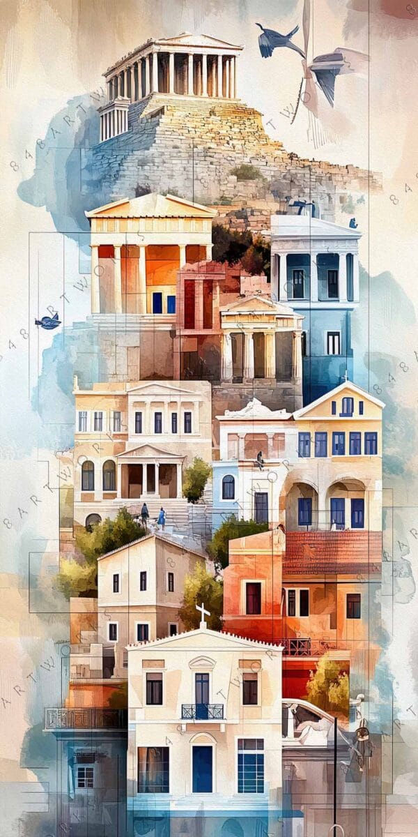 "Digital art of Greek architecture collage with warm beige, blue, and terracotta tones."