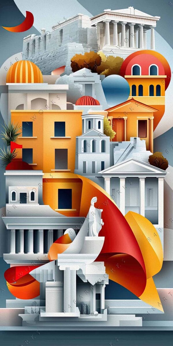 "Colorful digital artwork of stacked Greek architecture with blue, orange, and red elements."
