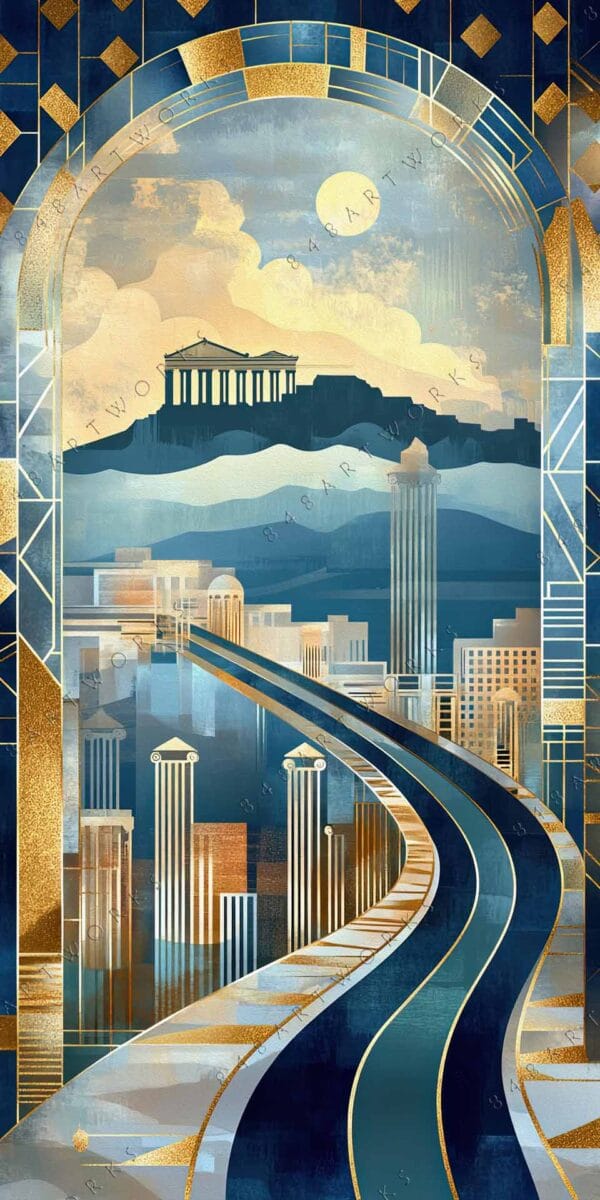 "Art Deco digital painting with cityscape, golden accents, and blue tones."