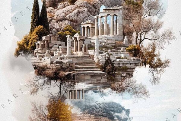 Surreal digital art of ancient Greek ruins merging with mountains and sea, in earthy tones.