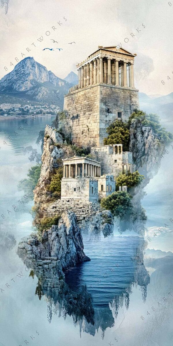 "Digital artwork of ancient Greek temple on rocky cliffs with a serene seascape."