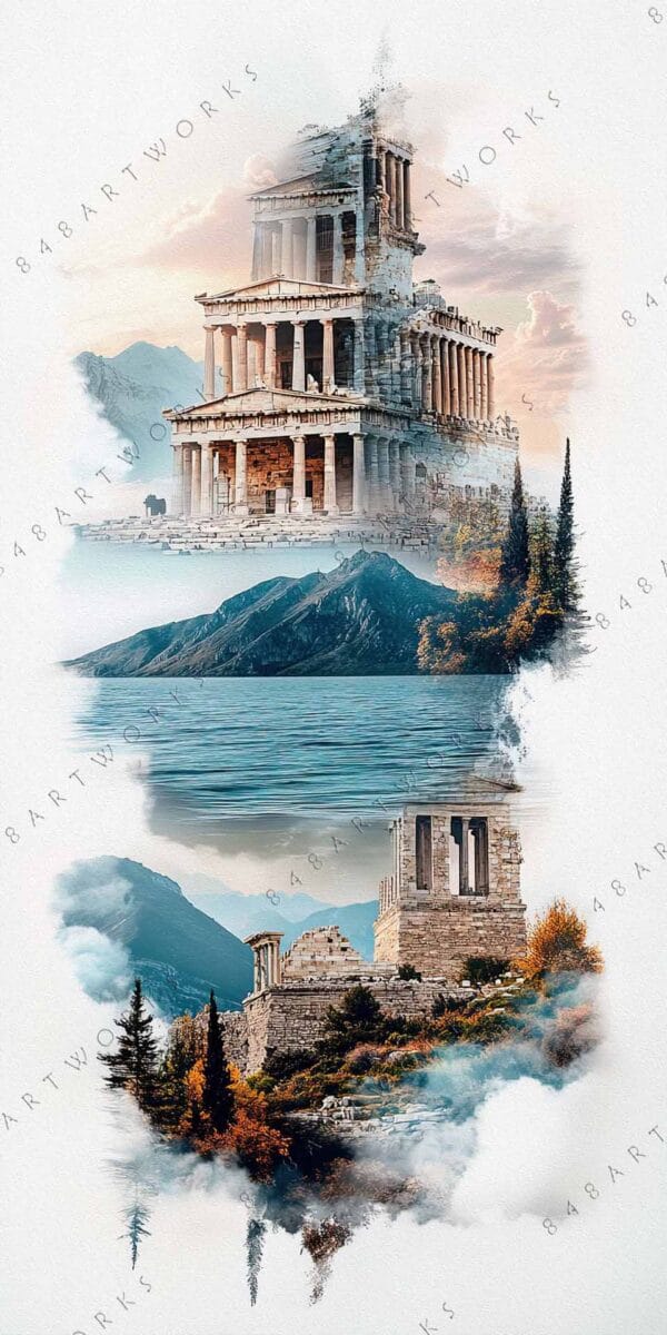 Surreal digital artwork of ancient temple ruins blending into a mountainous landscape.