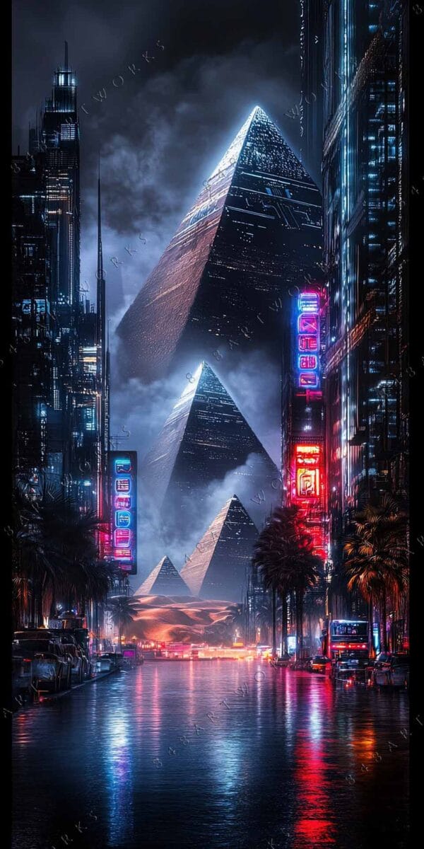 Futuristic digital artwork of neon-lit cityscape with glowing pyramids and reflections.