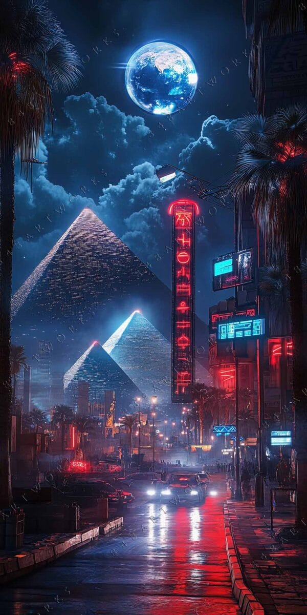 "Futuristic digital art of neon-lit pyramids under a glowing blue moon."