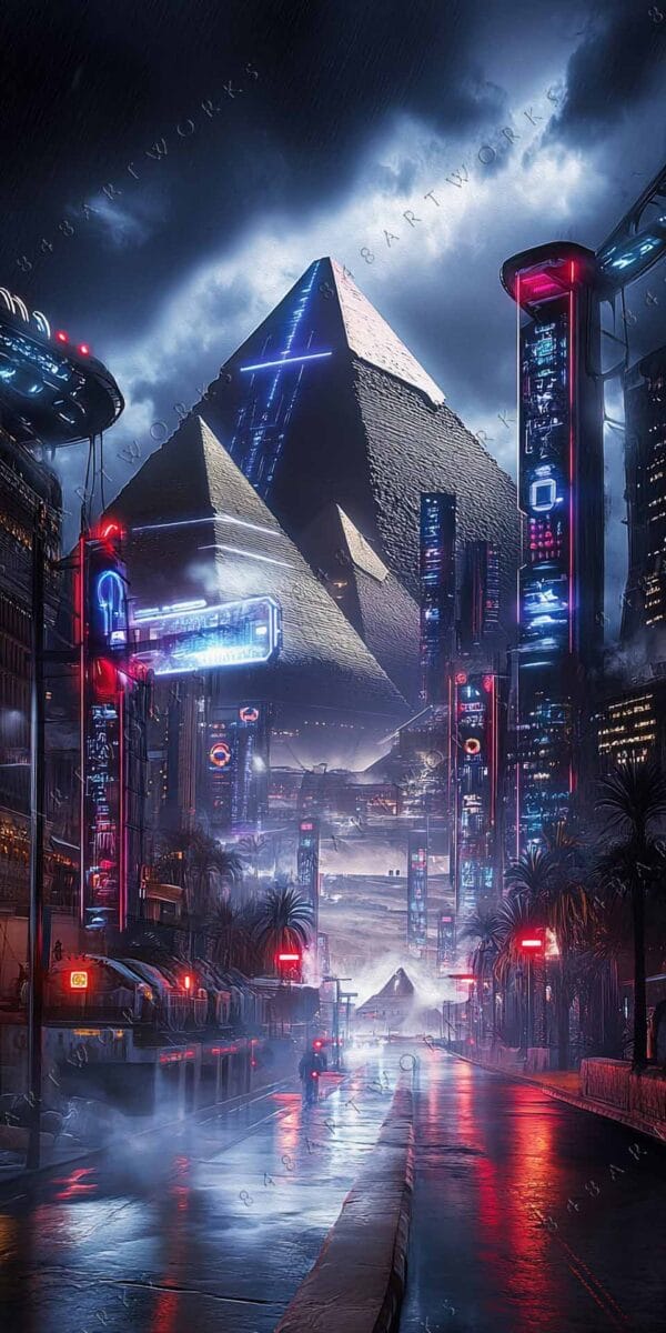 Futuristic digital artwork depicting pyramids and neon cityscape in blue and red tones.