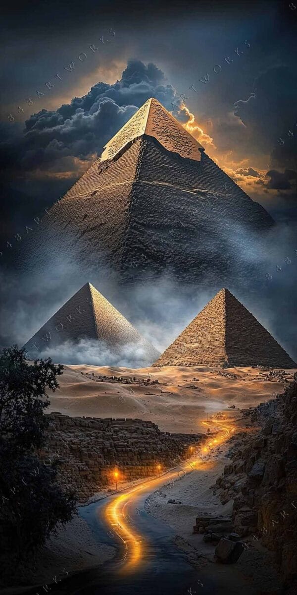 "Digital painting of illuminated pyramids under dramatic clouds and a winding desert road."