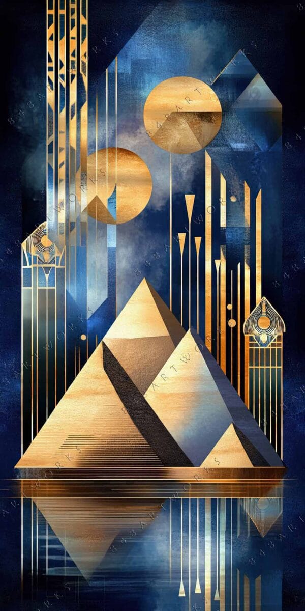 "Art Deco digital artwork with gold geometric shapes on a blue background."