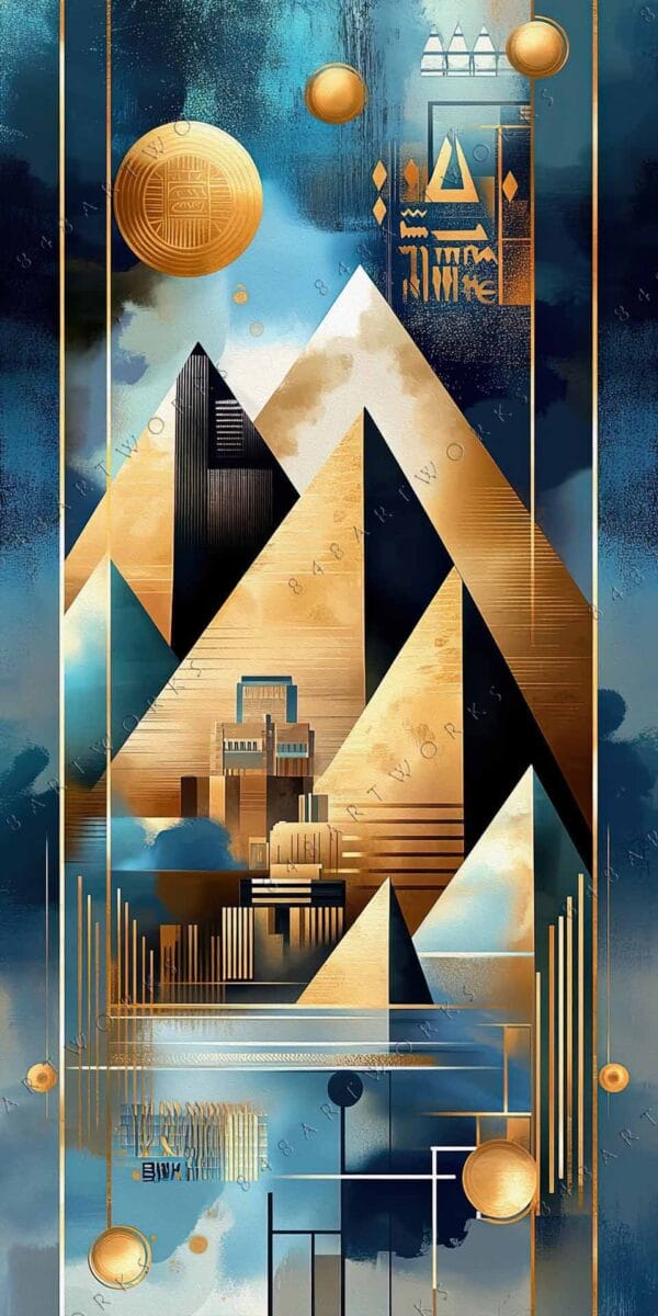"Art Deco digital painting with abstract geometric shapes in gold, blue, and black."