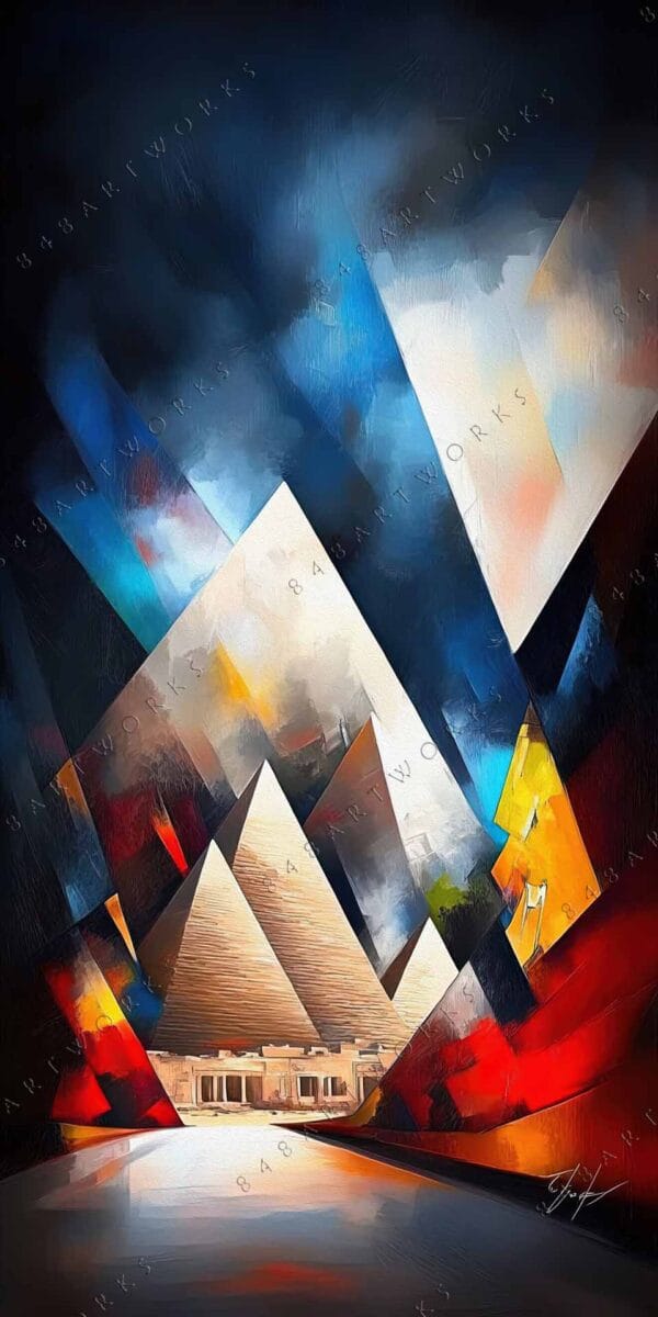 "Abstract digital painting of pyramids with vibrant red, blue, and gold geometric patterns."