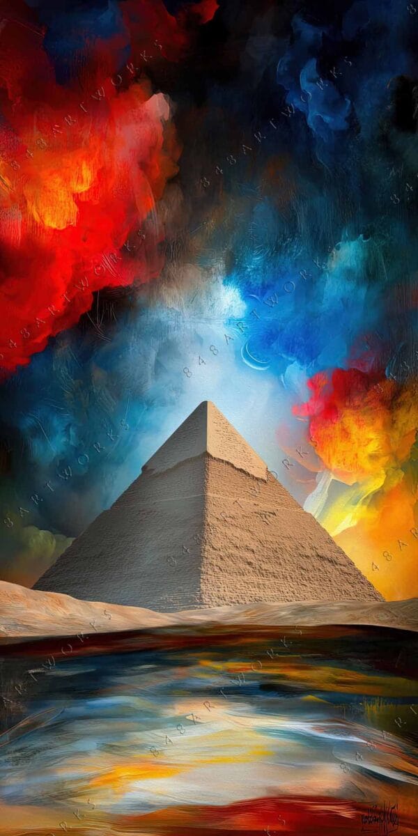 "Digital painting of a pyramid with swirling red, blue, and yellow abstract clouds."