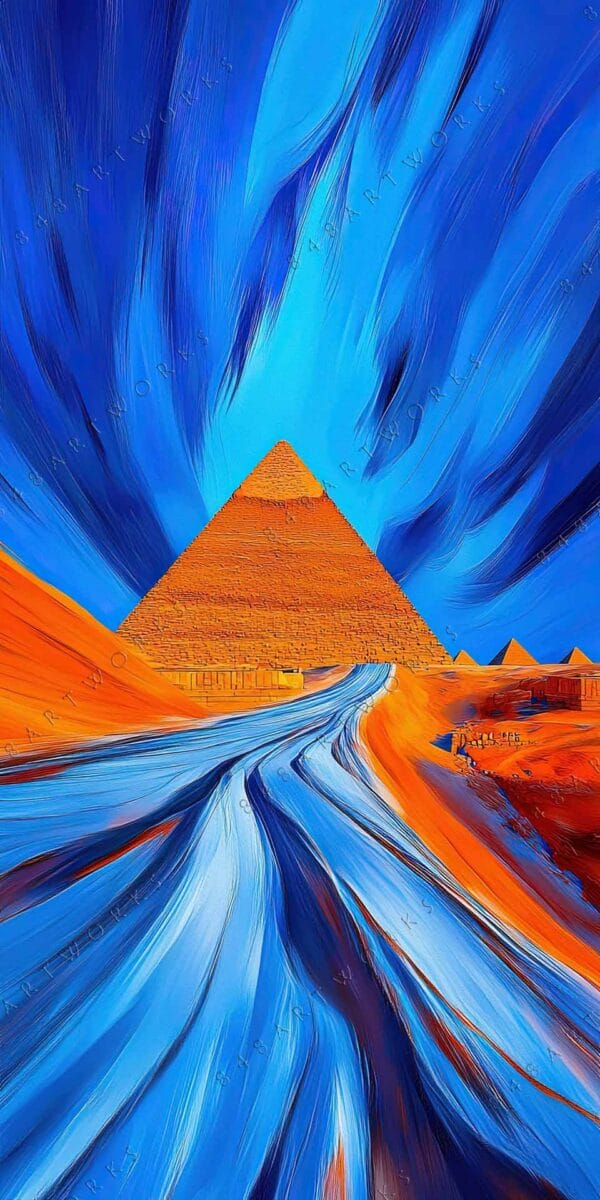 "Vivid digital painting of pyramids with swirling blue and orange sky."