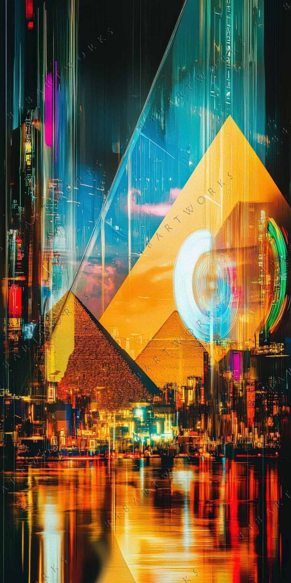 "Digital artwork of pyramids with neon lights and reflections in vibrant hues."
