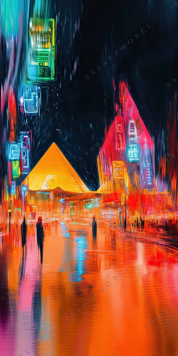 Abstract digital painting of neon-lit cityscape with blurred reflections in vibrant colors.