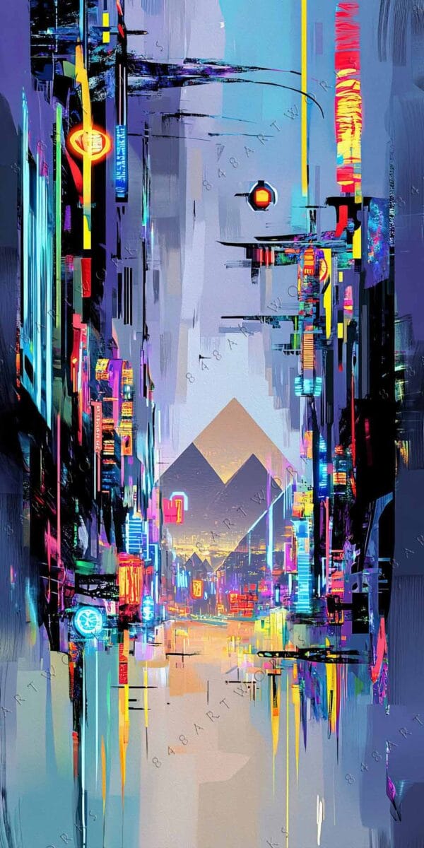"Futuristic digital painting of a neon-lit cityscape with vibrant geometric shapes."