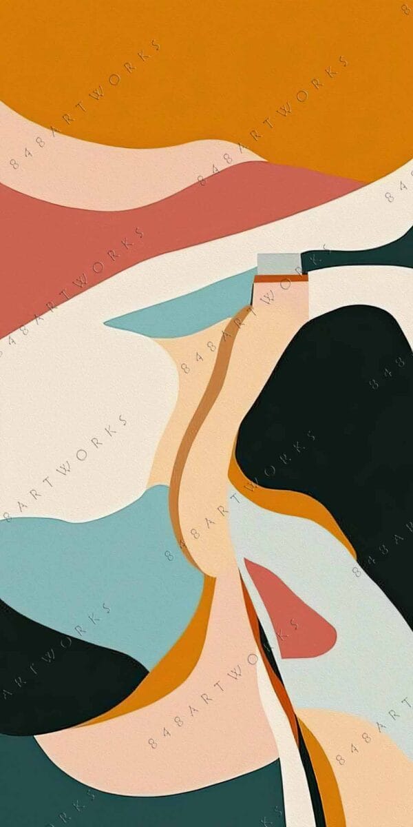 Abstract digital artwork with flowing shapes in orange, teal, black, and cream tones.