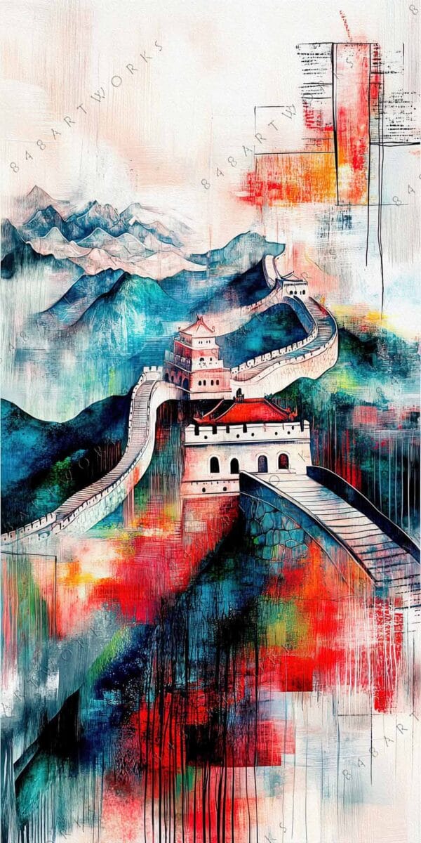 Abstract digital painting of the Great Wall amid vibrant red and blue hues.