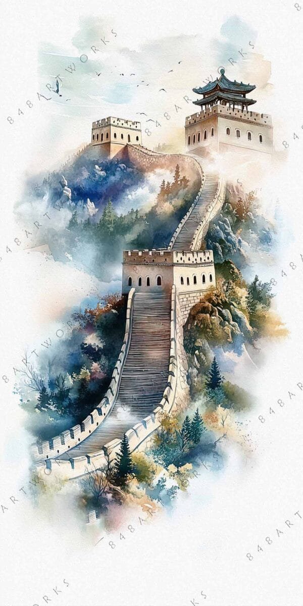 "Watercolor painting of the Great Wall of China with soft blue and brown hues."
