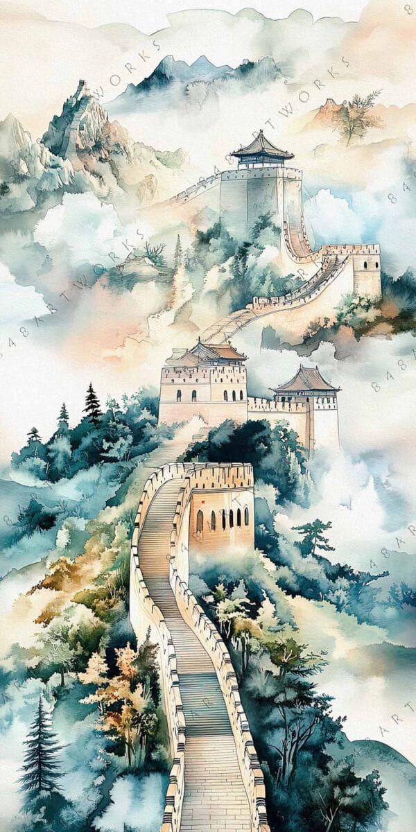 Watercolor painting of the Great Wall of China amid misty mountains and trees.
