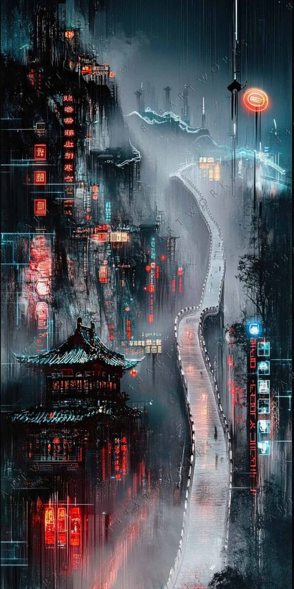 "Neon-lit cyberpunk digital art of a misty cityscape with glowing red accents."