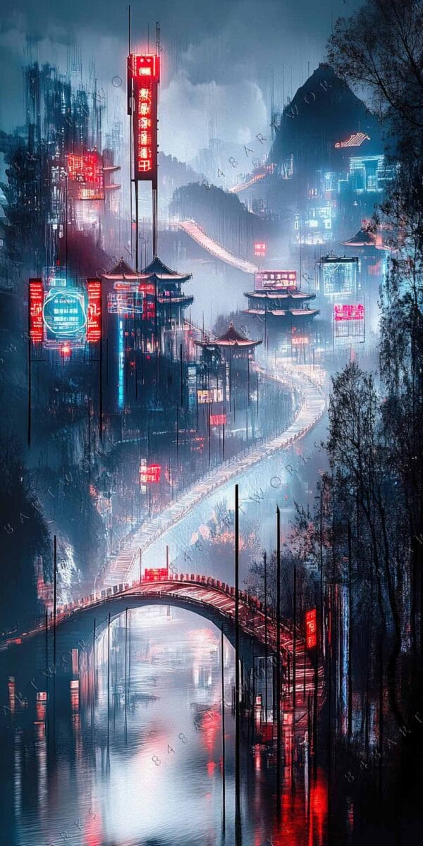 "Futuristic digital art of neon-lit cityscape reflecting in calm water, in red and blue tones."